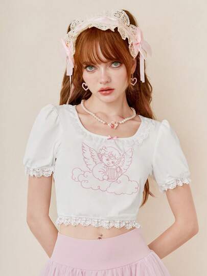 Kawaii Figure Graphic Contrast Lace Puff Sleeve Tee