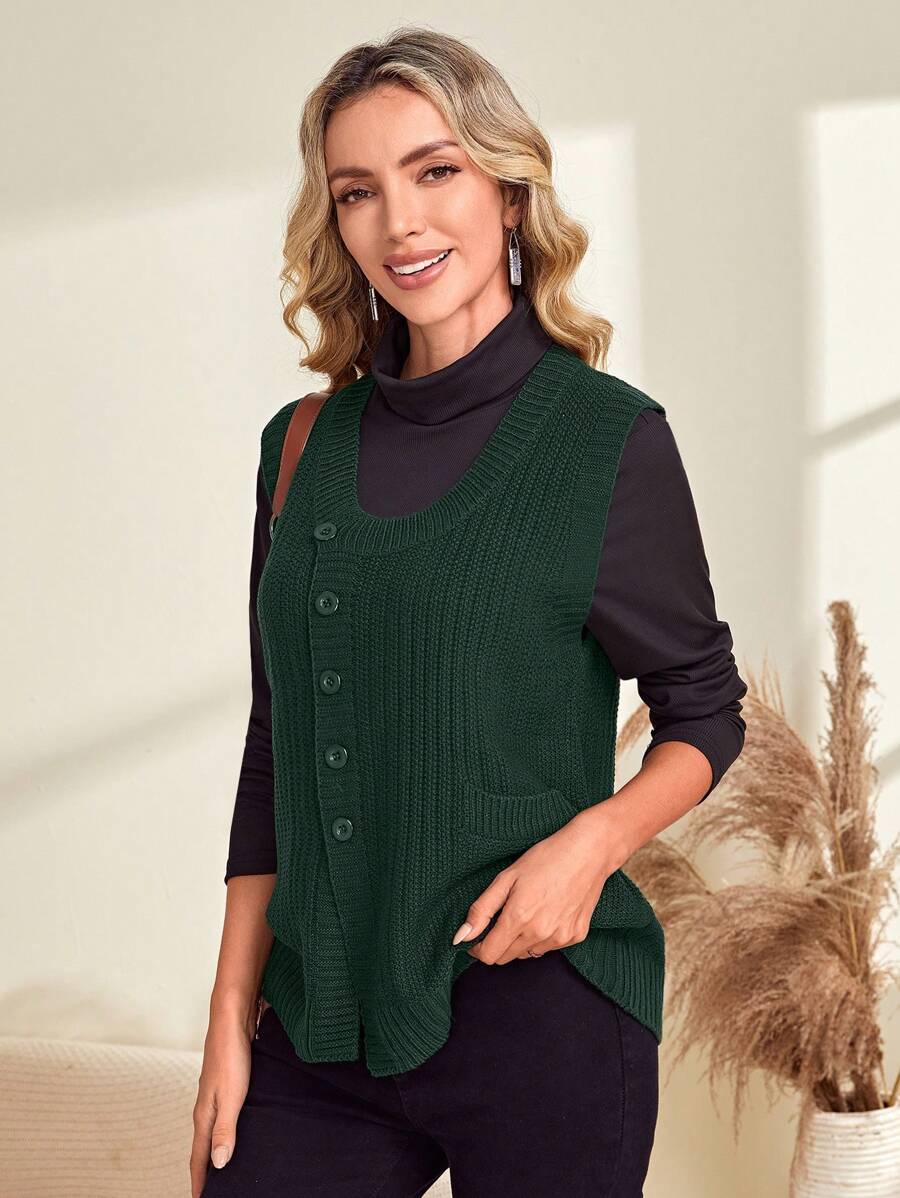 EMERY ROSE Chất rắn Nút phía trước Áo len vest Without Tee - Màu xanh lá cây đậm - Xem 1