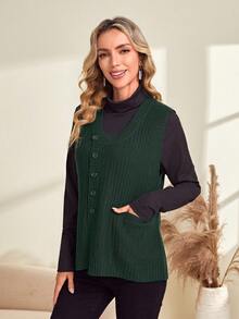 EMERY ROSE Chất rắn Nút phía trước Áo len vest Without Tee - Màu xanh lá cây đậm - Xem 3