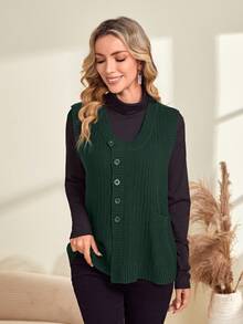EMERY ROSE Chất rắn Nút phía trước Áo len vest Without Tee - Màu xanh lá cây đậm - Xem 4