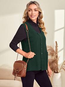 EMERY ROSE Chất rắn Nút phía trước Áo len vest Without Tee - Màu xanh lá cây đậm - Xem 6