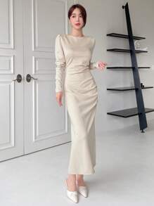 DAZY 素色褶邊高衩連衣裙 - 米色 - 查看 3