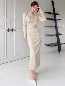 DAZY 素色褶邊高衩連衣裙 - 米色 - 查看 4