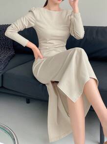 DAZY 素色褶邊高衩連衣裙 - 米色 - 查看 6