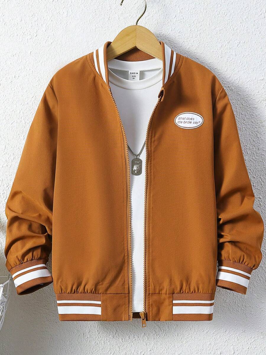 SHEIN Tween Boy Letter Patched Striped Trim Bomber Jacket Without Tee - Coffee Brown - View 1