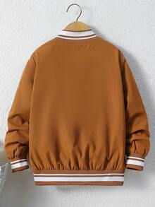 SHEIN Tween Boy Letter Patched Striped Trim Bomber Jacket Without Tee - Coffee Brown - View 2