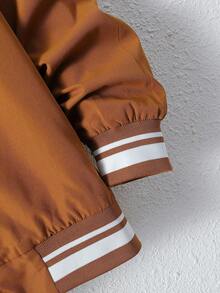SHEIN Tween Boy Letter Patched Striped Trim Bomber Jacket Without Tee - Coffee Brown - View 3