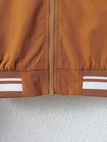 SHEIN Tween Boy Letter Patched Striped Trim Bomber Jacket Without Tee - Coffee Brown - View 4