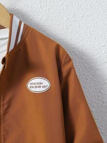SHEIN Tween Boy Letter Patched Striped Trim Bomber Jacket Without Tee - Coffee Brown - View 5