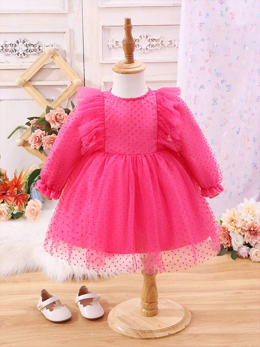 女嬰荷葉邊荷葉袖網紗覆蓋洋裝 - 玫紅色 - 查看 1