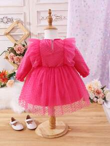 女嬰荷葉邊荷葉袖網紗覆蓋洋裝 - 玫紅色 - 查看 2