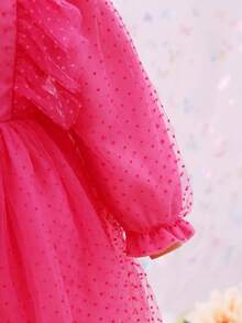 女嬰荷葉邊荷葉袖網紗覆蓋洋裝 - 玫紅色 - 查看 5
