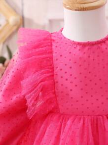 女嬰荷葉邊荷葉袖網紗覆蓋洋裝 - 玫紅色 - 查看 6