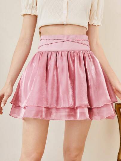 Kawaii Jupe Croisé Volants superposés Casual Unicolore