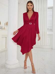 Đầm Bất đối xứng Trọn gói màu trơn Gợi cảm - Đỏ - Xem 1