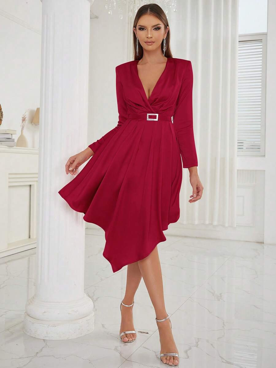 Đầm Bất đối xứng Trọn gói màu trơn Gợi cảm - Đỏ - Xem 1