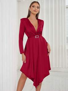 Đầm Bất đối xứng Trọn gói màu trơn Gợi cảm - Đỏ - Xem 3