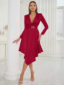 Đầm Bất đối xứng Trọn gói màu trơn Gợi cảm - Đỏ - Xem 4