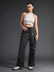 In My Nature 女士戶外防水防濺反光標識印花多口袋彈性腰帶時尚遠足長褲帶可調節腰圍 - 棕色 - 查看 5