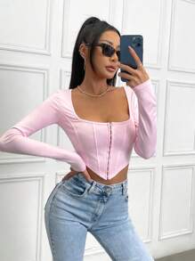 SHEIN Unity Hook And Eye Asymmetrical Hem Crop Tee Fall Cloth For Women - Baby Pink - View 7