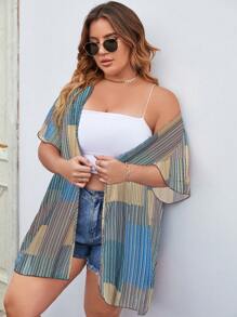 SHEIN Swim Curve 大碼條紋印花開門襟和服罩衫 - 藍色 - 查看 1