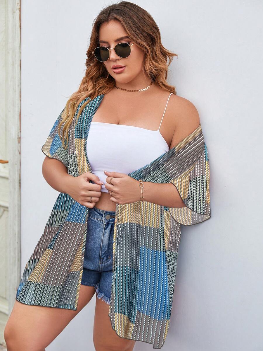 SHEIN Swim Curve 大碼條紋印花開門襟和服罩衫 - 藍色 - 查看 1