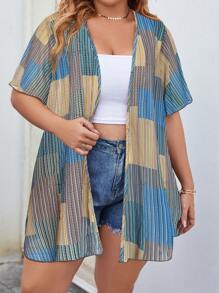 SHEIN Swim Curve 大碼條紋印花開門襟和服罩衫 - 藍色 - 查看 4