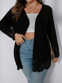 SHEIN LUNE Plus Laser Cut Out Scallop Trim Open Front Coat - Black - View 1