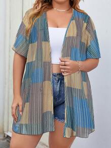 SHEIN Swim Curve 大碼條紋印花開門襟和服罩衫 - 藍色 - 查看 5