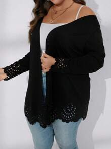 SHEIN LUNE Plus Laser Cut Out Scallop Trim Open Front Coat - Black - View 3