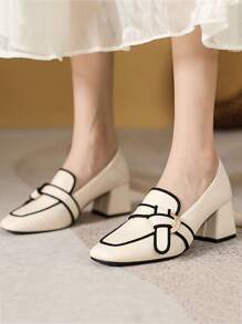 HanDuEke Women's Patent Leather High Heel Square Toe Pumps, Elegant French Style Thick Heel New Fashion Office Work Shoes, Simple White