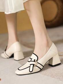 HanDuEke Women's Patent Leather High Heel Square Toe Pumps, Elegant French Style Thick Heel New Fashion Office Work Shoes, Simple White
