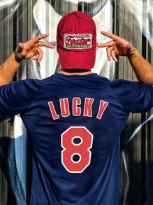 Manfinity Running 男士字母圖形運動T恤運動上衣 - 藏蓝色 - 查看 1