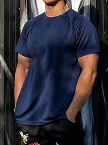 Manfinity Running 男士字母圖形運動T恤運動上衣 - 藏蓝色 - 查看 2