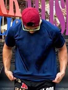 Manfinity Running 男士字母圖形運動T恤運動上衣 - 藏蓝色 - 查看 3