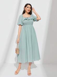 Seusyu Plaid Print Ruffle Trim Puff Sleeve Dress - Mint Green - View 1