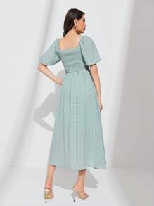 Seusyu Plaid Print Ruffle Trim Puff Sleeve Dress - Mint Green - View 2