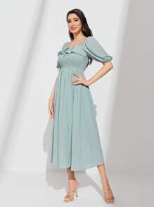 Seusyu Plaid Print Ruffle Trim Puff Sleeve Dress - Mint Green - View 3