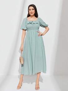 Seusyu Plaid Print Ruffle Trim Puff Sleeve Dress - Mint Green - View 4