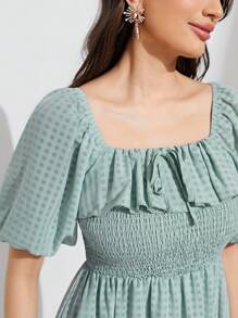 Seusyu Plaid Print Ruffle Trim Puff Sleeve Dress - Mint Green - View 6