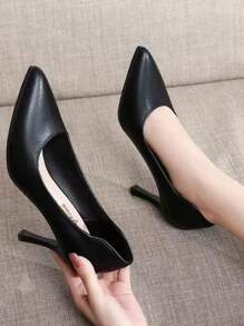 優雅黑色淺口高跟鞋適用於女士尖頭粗跟淺口皮鞋 - 黑色 - 查看 1