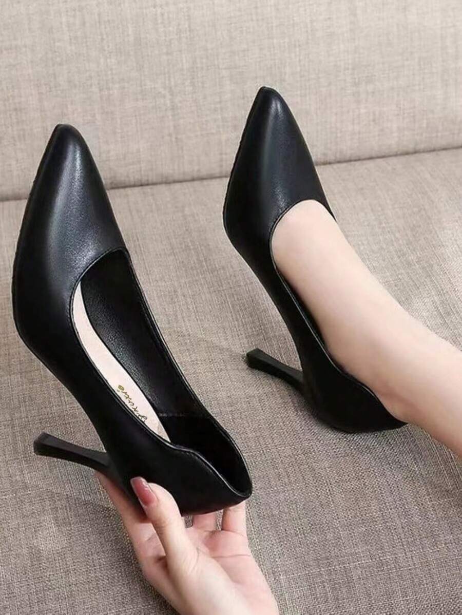 優雅黑色淺口高跟鞋適用於女士尖頭粗跟淺口皮鞋 - 黑色 - 查看 1