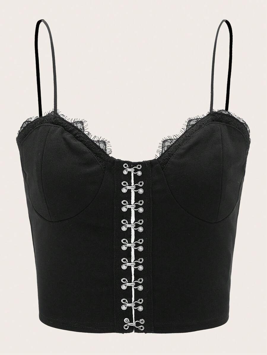SHEIN MOD Lace Trim Hook and Eye Front Bustier Cami Top - Black - View 1