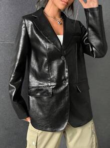 SHEIN EZwear Lapel Neck Patent Blazer - Black - View 7