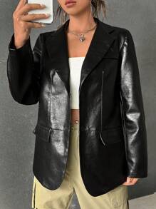 SHEIN EZwear Lapel Neck Patent Blazer - Black - View 1