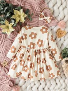 女嬰印花洋裝＆ 頭巾