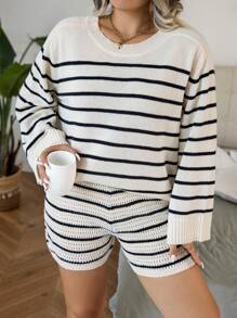 Calvaya Plus Striped Pattern Jumper & Knit Shorts - Black and White - View 4