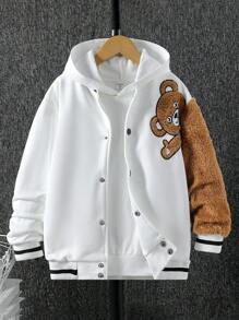 SHEIN Cậu bé Tween Thêu Gấu Sọc trang trí Áo khoác Đại học Không có áo Hoodie - trắng - Xem 1