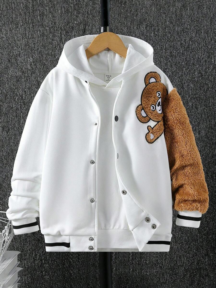 SHEIN Cậu bé Tween Thêu Gấu Sọc trang trí Áo khoác Đại học Không có áo Hoodie - trắng - Xem 1