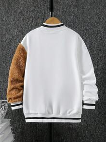 SHEIN Cậu bé Tween Thêu Gấu Sọc trang trí Áo khoác Đại học Không có áo Hoodie - trắng - Xem 2